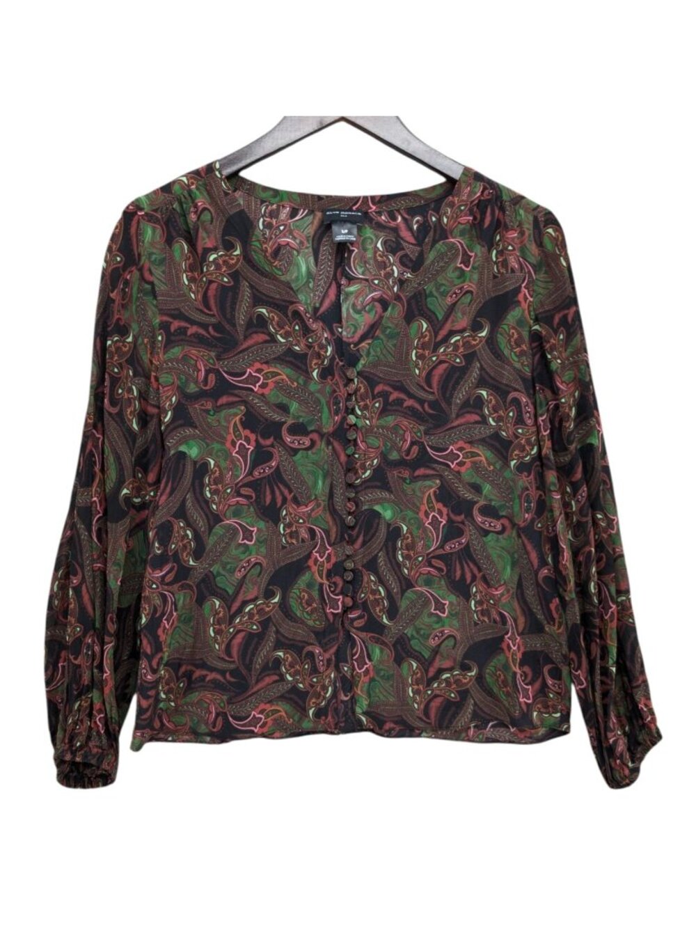 Club Monaco Silk Paisley Blouse Womens Black Green Red Long Sleeve Button Size S